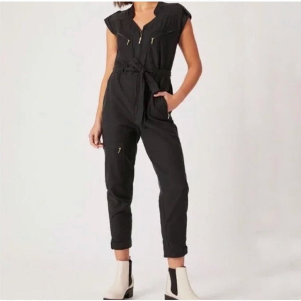 Anthropologie Black & Gold Utility Jumpsuit, Belted, Relaxed Fit, Women’s small
